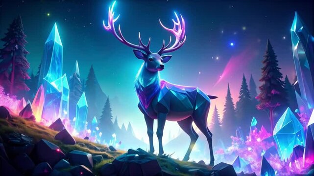 Glowing Deer In Magical Crystal Forest