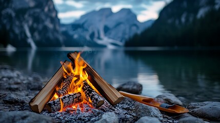 Nighttime Lakeside Campfire with Mountain Reflections