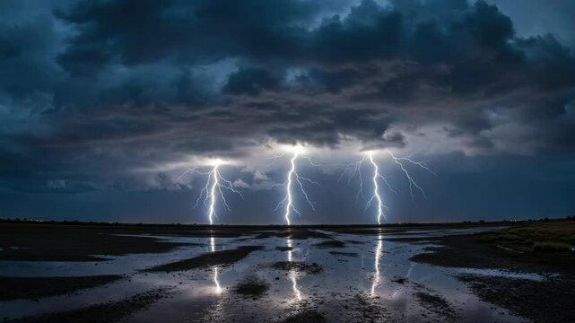 Lightning storm over flatland landscape at night