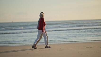 Elderly couple walking on the beach at sunset - Powered by Adobe