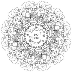 Contour mandala with baby clothes and accessories, meditative coloring page for baby shower party or holiday activity