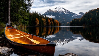 Orange Canoe on a Calm Mountain Lake in Autumn