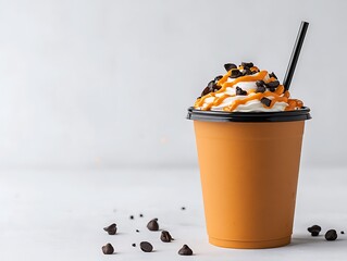 Orange Cup of Creamy Cold Drink Topped with Whipped Cream and Chocolate Chips