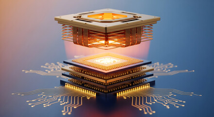 Futuristic quantum processor chip with glowing circuits and suspended core