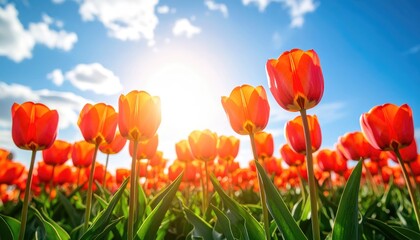Sunlit Orange Tulips: A Vibrant Spring Field