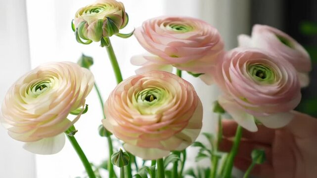 A soft bouquet of pink ranunculus flowers basking in natural light.