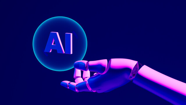 Robot hand displays bubble with AI message in vivid colors