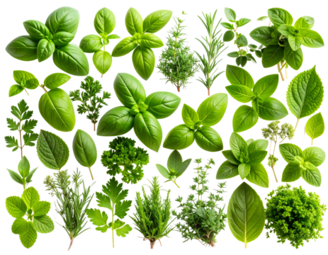 Flat lay of fresh green leaves and small plants with shadows botanical nature design isolated on transparent background PNG - Powered by Adobe