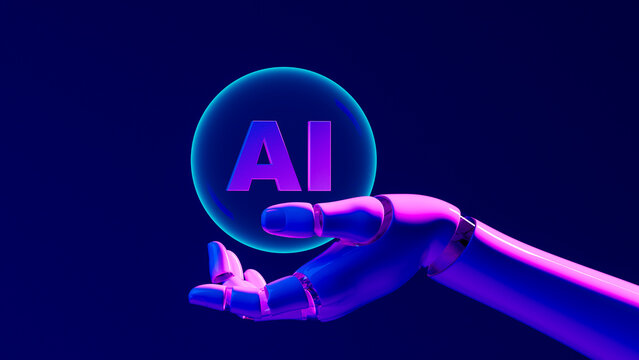 Robot hand displays bubble with AI message in vivid colors