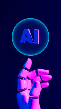 Robot hand displays bubble with AI message in vivid colors