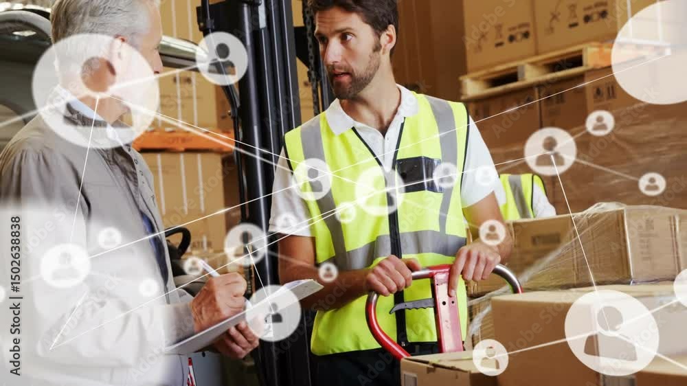 Poster warehouse manager discussing stock as operator moving pallet jack and network overlay building