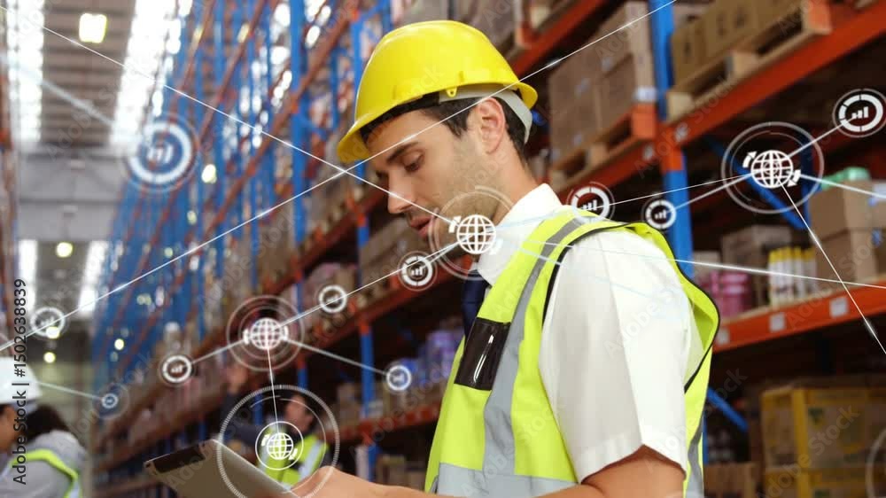 Poster supervisor glancing at racks triggers data overlay as scrolling tablet checking warehouse inventory