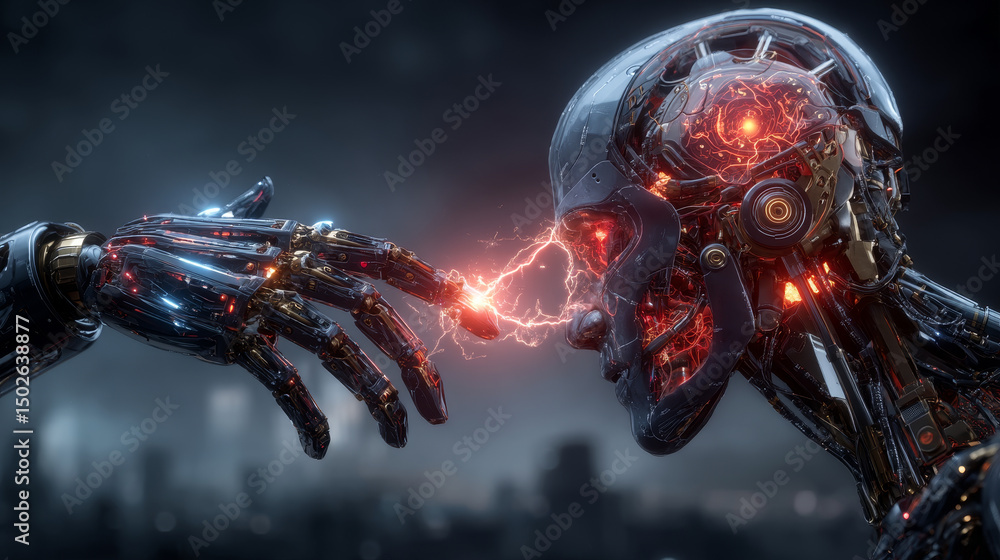 Poster internet of things (iot), hands of robot hold internet of things network connection, data analytics,