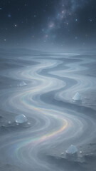 Surreal Dreamscape Winter Landscape with Iridescent River and Ice Formations