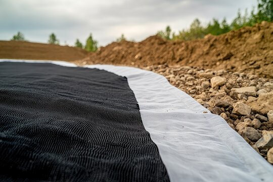 Black and white geotextile fabric on a construction site