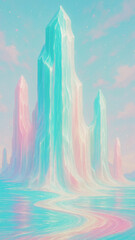 Dreamy Pastel Landscape with Crystal Mountain Range Digital Painting