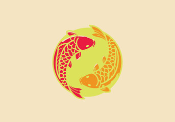 Stylized koi fish logo in yin-yang position, flat vector illustration, red and gold tones