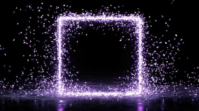 Purple glowing square frame, sparkling particles - Powered by Adobe