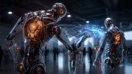 Hands of robots and human touch on blockchain enhance security improve transparency optimize data sharing strengthen collaboration boost efficiency automate processes promote trust, drive innovation.