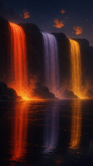 Fantasy Vibrant Waterfall Flowing Over Dark Cliffs Landscape Illustration