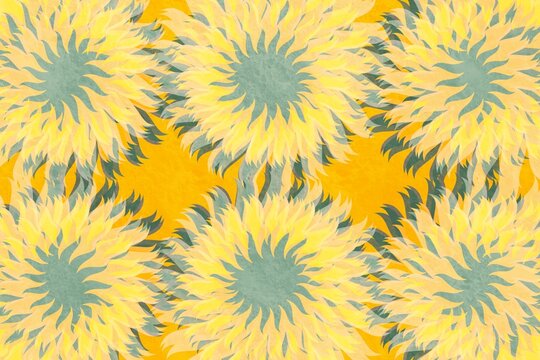 Bright floral pattern with yellow sunflower design on fabric