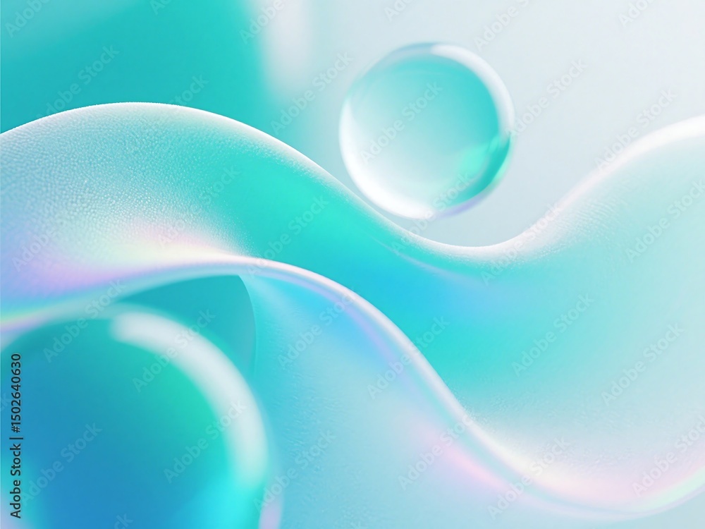 Poster abstract fluid turquoise background with transparent spheres creating a modern visual effect