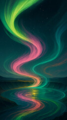 Dreamy Painterly Aurora Borealis Reflection on Calm Water Surface Landscape