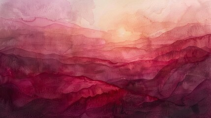 Naklejka premium Watercolor painting of a layered mountain range at sunset. Colors are blended from light pink and orange to deep reds and purples