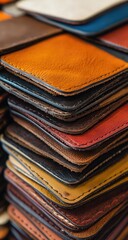 Stacked leather wallets in various colors