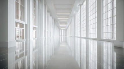 Obraz premium Modern concrete hall with towering columns and luminous windows, embodying architectural minimalism and serene grandeur.