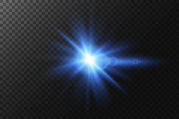 Blue light. Flash of light. Sun rays. Blue shine. Vector illustration.