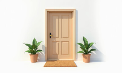 Beige Door with Plants & Mat - Home Entrance - Minimalism