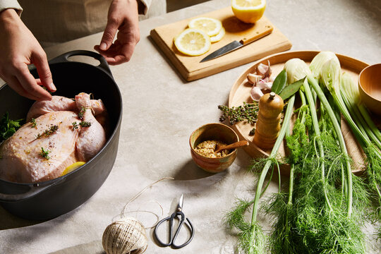 Preparing fresh chicken with herbs and fennel on table