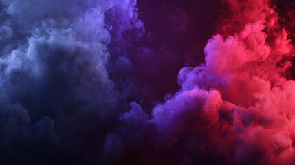 Vibrant clouds of blue and red smoke blend together on a dark background, creating a dramatic and abstract visual effect.