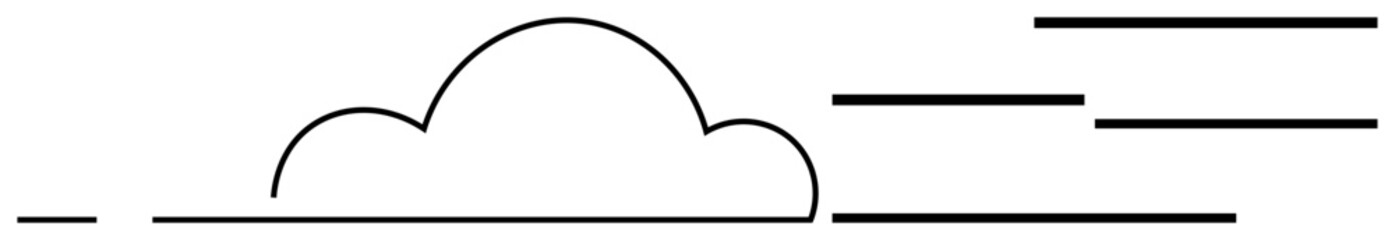 Single black cloud in center with horizontal motion lines, symbolizing speed and connection. Ideal for communication, network, speed, technology, weather, minimalism, and progress in a flat simple