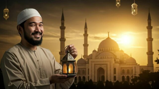 A man in traditional attire joyfully holds a lantern while standing by a mosque during sunset