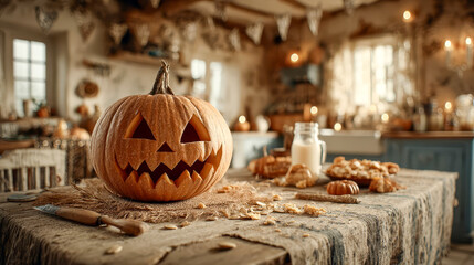 Freshly carved Halloween pumpkin with creepy expression on kitchen table