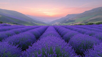 Scenic Lavender Field with Mountain Backdrop under Pastel Sunset Sky