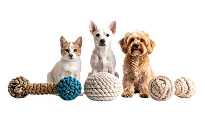Obraz premium Different types of dogs and a cat and toys made of rope isolated on solid white background