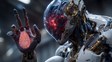 Fototapeta premium Hands of robots touch data privacy by collecting, storing, and processing personal information like biometrics and identification data. Robots must ensure secure storage and limited processing.