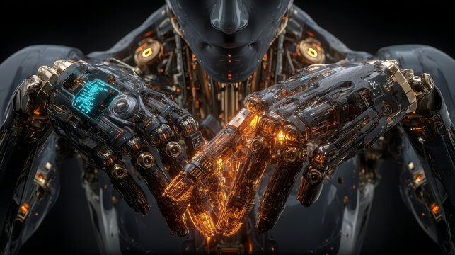 Quantum Computing, Hands of robot touch quantum bits and the Quantum Computing icon, algorithms evolve on network, encryption, decryption, data security, speed, and efficiency accelerate exponentially