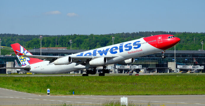 Edelweiss Airlines Airbus A340 take off from Zurich Airport,ZRH, Zurich, Switzerland