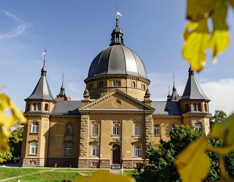 Riverfront Cathedral Scenic View Autumn Trees, Domes, Towers