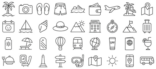 Naklejka premium Set of line art icons of objects and symbols related to vacation holiday travel and tourism