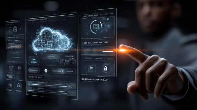 A futuristic digital interface with a focus on the word 'Backup'. Hands are interacting with holographic icons representing data backup, cloud storage backup, automatic backup, and encrypted solutions
