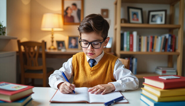 Young boy studying and writing in notebook at home with books  