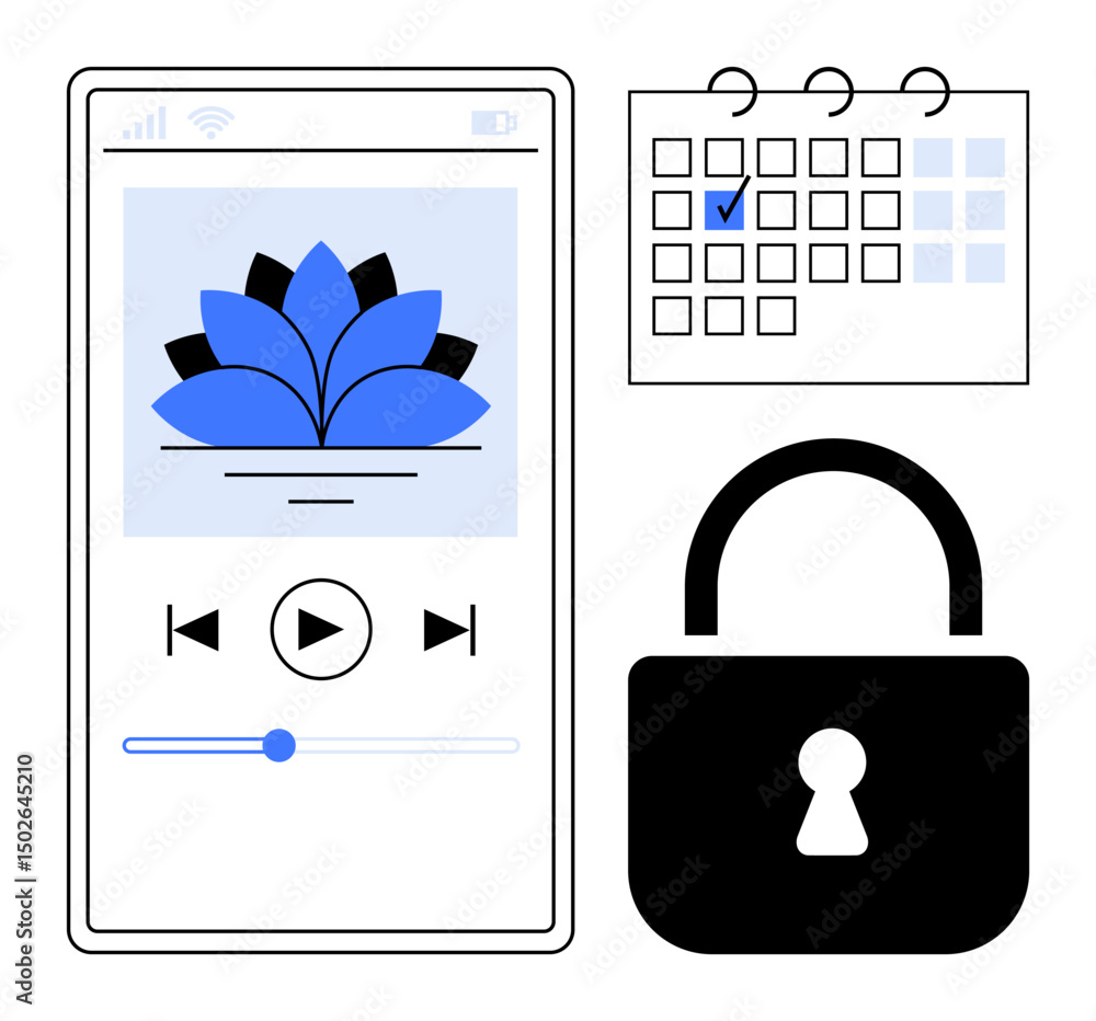 Poster smartphone interface displays meditation app with playback controls, a calendar marking scheduled se