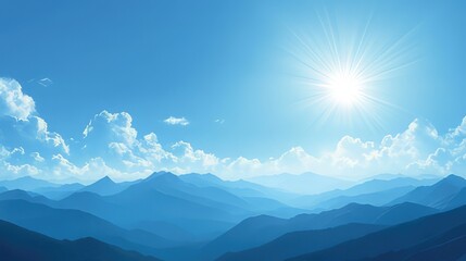 Serene Blue Mountain Landscape with Bright Sun and Clear Sky 
