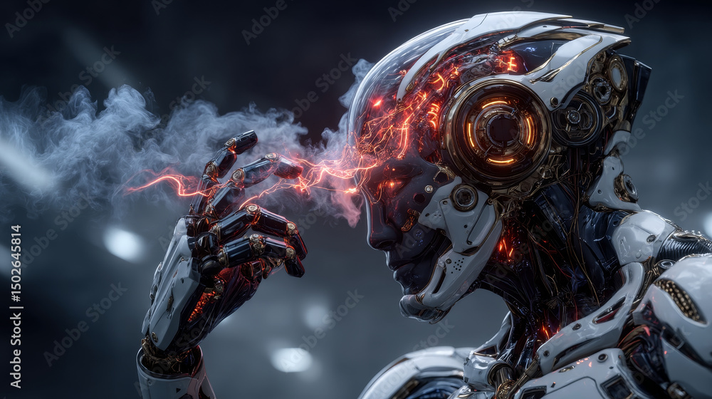 Poster hosting management, hands of robot hold hosting control panel, network configuration, server mainten