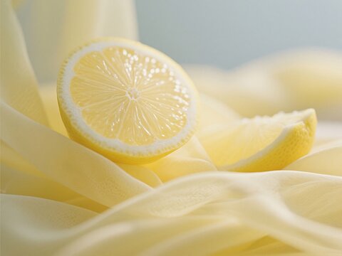 Fresh lemon slices resting on delicate yellow fabric with soft lighting and minimalistic style